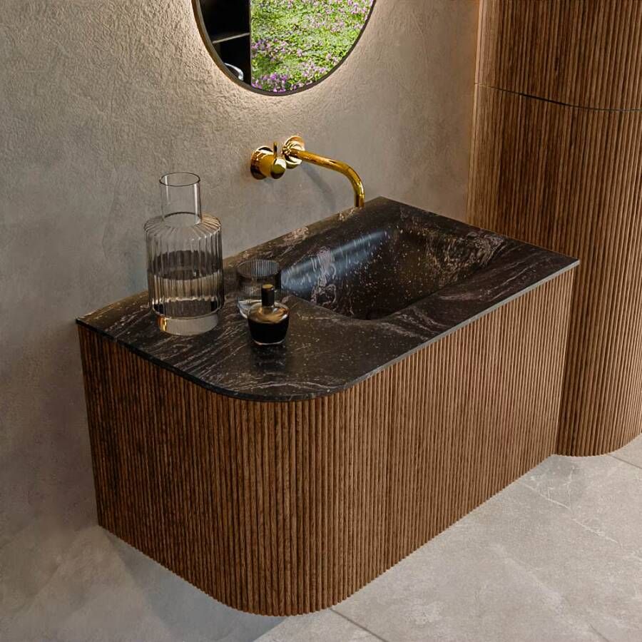 Mondiaz Badmeubel Kurve-Dlux | 75 cm | Meubelkleur Walnut | Wastafelkleur Lava | Solid surface | Rechts spoelbak | Zonder kraangat(en)