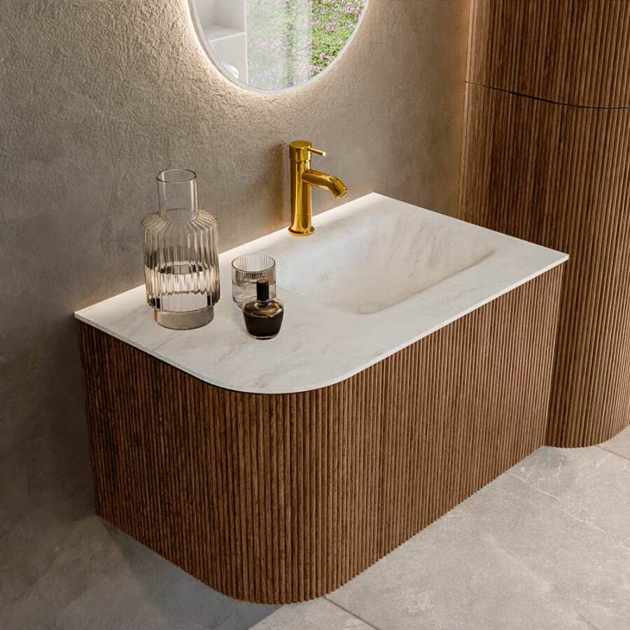 Mondiaz Badmeubel Kurve-Dlux | 75 cm | Meubelkleur Walnut | Wastafelkleur Opalo | Solid surface | Rechts spoelbak | 1 kraangat