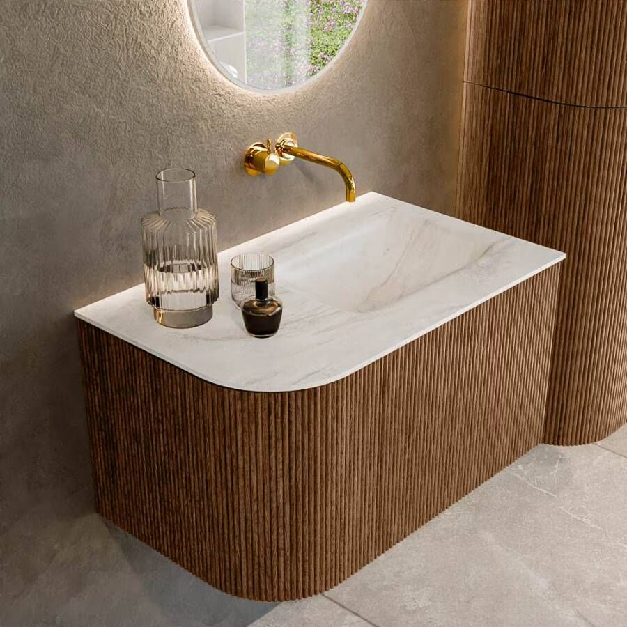 Mondiaz Badmeubel Kurve-Dlux | 75 cm | Meubelkleur Walnut | Wastafelkleur Ostra | Solid surface | Rechts spoelbak | Zonder kraangat(en)