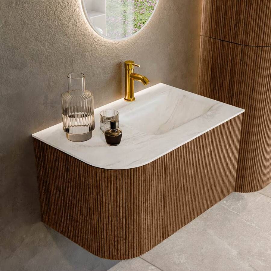 Mondiaz Badmeubel Kurve-Dlux | 75 cm | Meubelkleur Walnut | Wastafelkleur Ostra | Solid surface | Rechts spoelbak | 1 kraangat