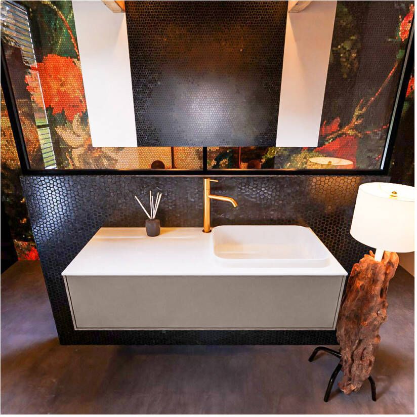 Mondiaz ERIN 120cm badmeubel onderkast kleur smoke met 1 lade wastafel rechts 1 kraangat kleur Talc