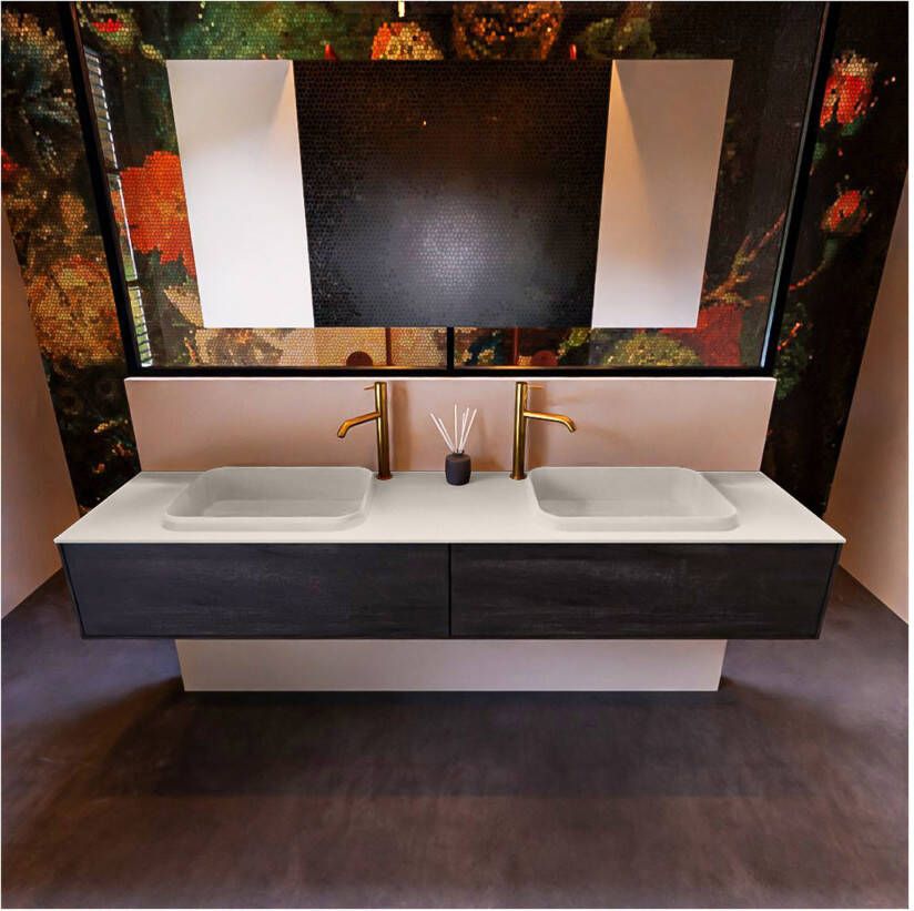 Mondiaz ERIN 200cm badmeubel onderkast donker bruin met 2 lades wastafel dubbel 2 kraangaten kleur Linen