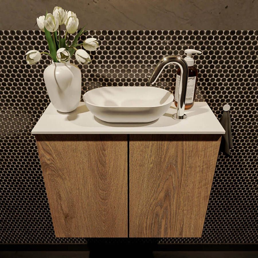 Mondiaz Fowy toiletmeubel 60cm washed oak met blad en waskom talc midden 1 kraangat