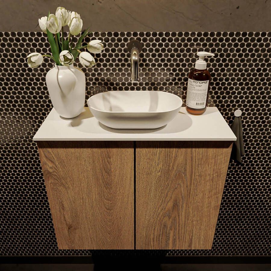 Mondiaz Fowy toiletmeubel 60cm washed oak met blad en waskom talc midden zonder kraangat