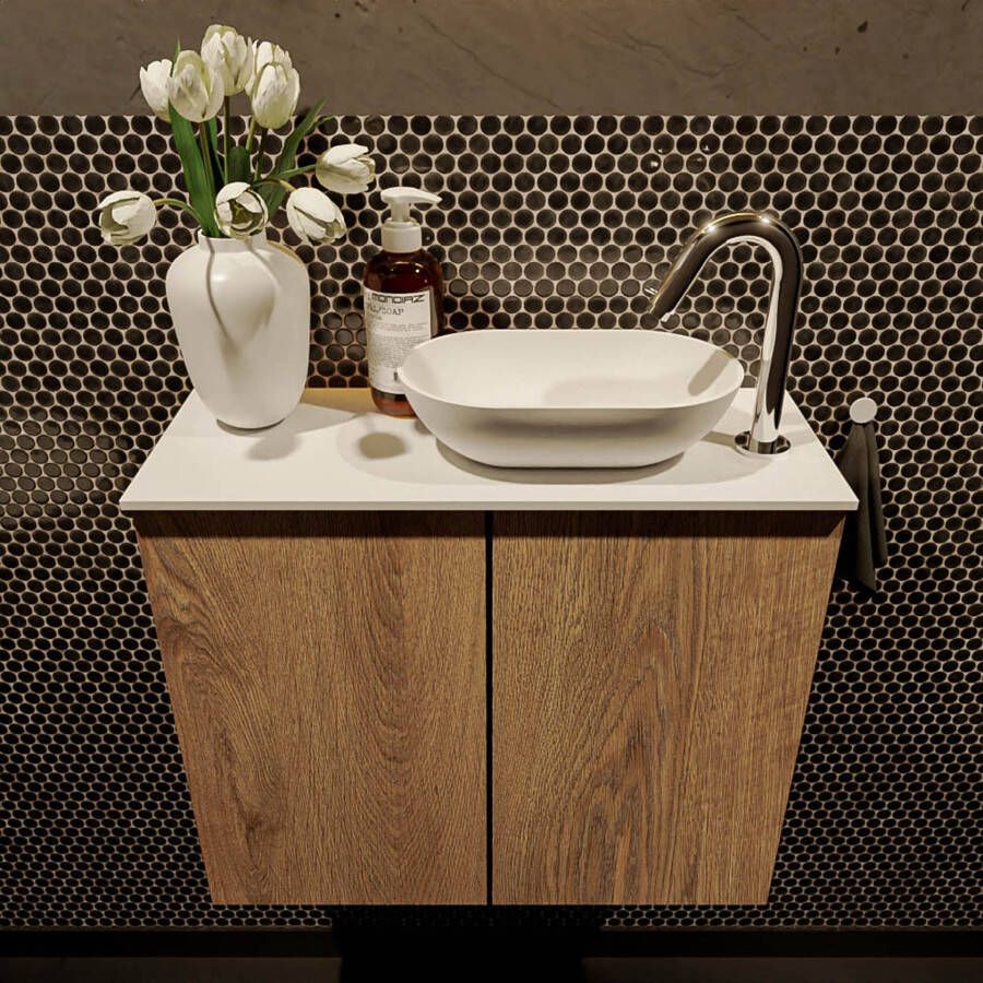 Mondiaz Fowy toiletmeubel 60cm washed oak met blad en waskom talc rechts 1 kraangat