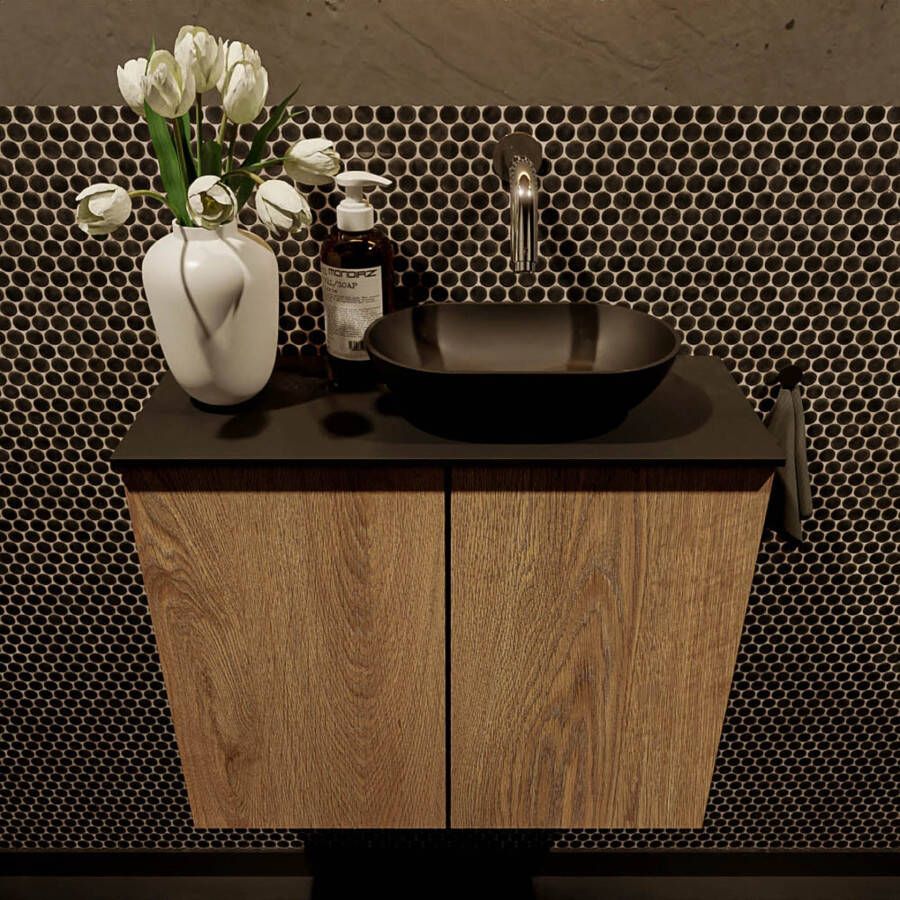 Mondiaz Fowy toiletmeubel 60cm washed oak met blad en waskom urban rechts zonder kraangat
