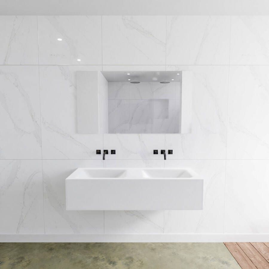 Douche Concurrent Badkamermeubel Lagom Hangend 130x30x45cm Wit Glans Solid Surface Wastafel Cloud Geen Kraangaten Dubbel met 1 Lade - Foto 2