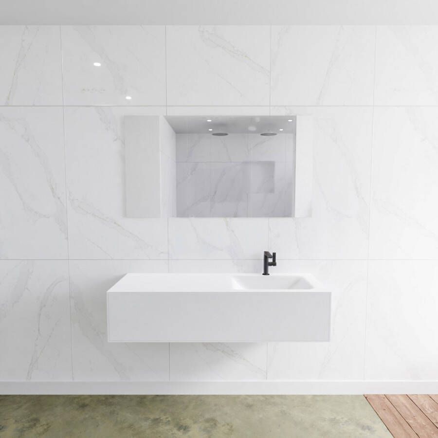 Douche Concurrent Badkamermeubel Lagom Hangend 130x30x45cm Wit Glans Solid Surface Wastafel Cloud 1 Kraangat Rechts met 1 Lade - Foto 2