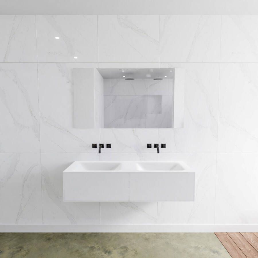 Douche Concurrent Badkamermeubel Lagom Hangend 130x30x45cm Wit Glans Solid Surface Wastafel Cloud Geen Kraangaten Dubbel met 2 Lades - Foto 2