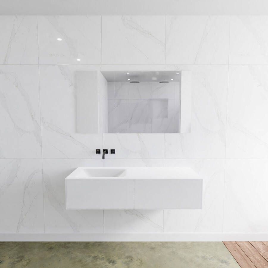 Douche Concurrent Badkamermeubel Lagom Hangend 130x30x45cm Wit Glans Solid Surface Wastafel Cloud Geen Kraangaten Links met 2 Lades - Foto 2
