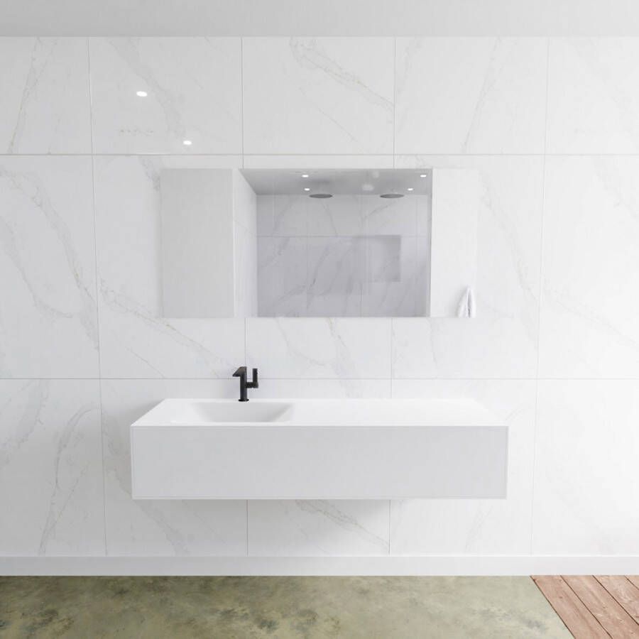 Douche Concurrent Badkamermeubel Lagom Hangend 150x30x45cm Wit Glans Solid Surface Wastafel Cloud 1 Kraangat Links met 1 Lade - Foto 2