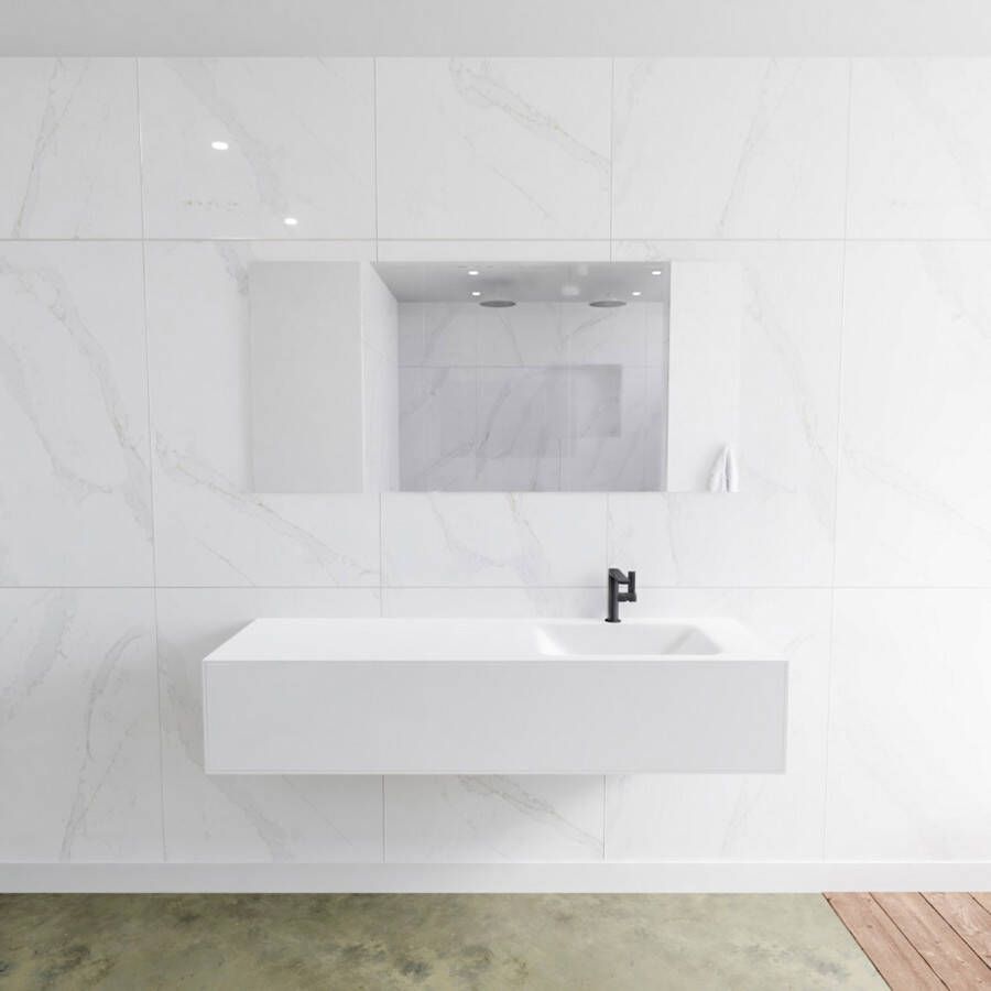 Douche Concurrent Badkamermeubel Lagom Hangend 150x30x45cm Wit Glans Solid Surface Wastafel Cloud 1 Kraangat Rechts met 1 Lade - Foto 2