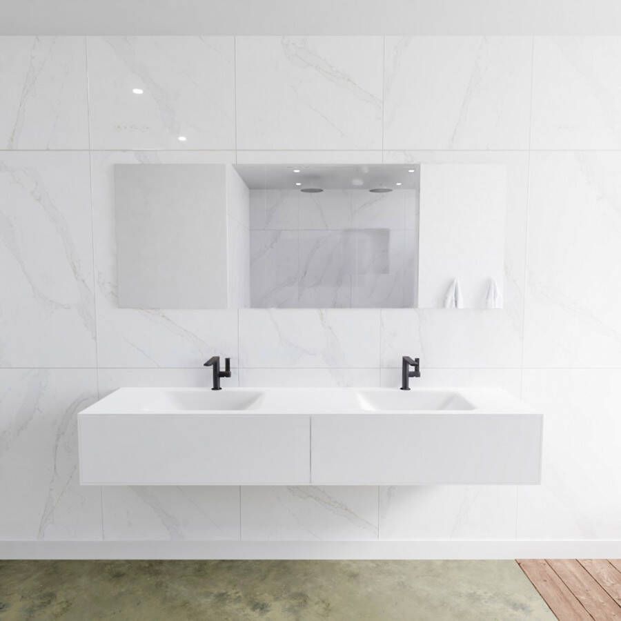 Mondiaz LAGOM Badkamermeubelset 90cm 2 lades Wastafel cloud 2 wasbakken 2 kraangaten Solid surface talc M64167TAM2M63027D - Foto 2