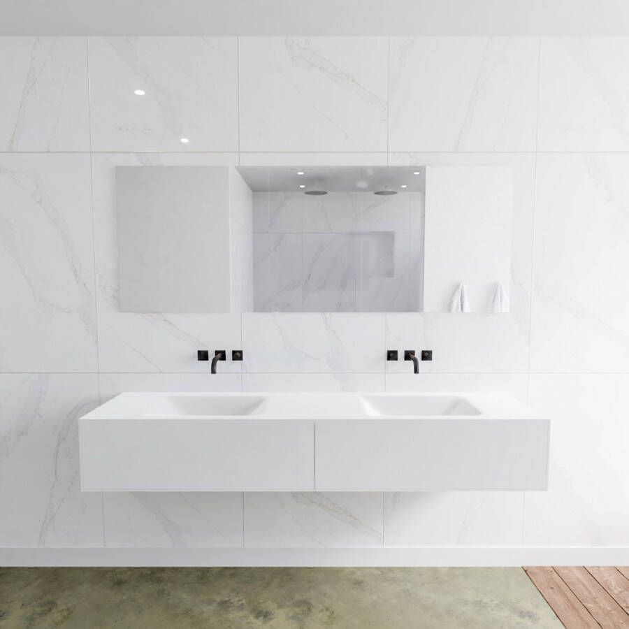 Douche Concurrent Badkamermeubel Lagom Hangend 190x30x45cm Wit Glans Solid Surface Wastafel Cloud Geen Kraangaten Dubbel met 2 Lades - Foto 2