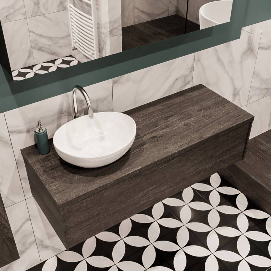 Zaro Lush onderkast met topblad 120cm in kleur DARK BROWN met 1 lades Push tot open geschikt voor linkse wastafel. Met ovale keramische opzetkom met 1 kraangat(en) in het topblad - Foto 4