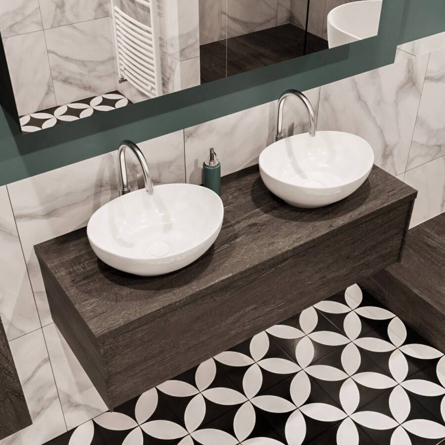 Mondiaz Lush Barco badmeubel eiken donker bruin 120 cm 1 lade mdf 2 waskommen beide zijden 2 kraangaten