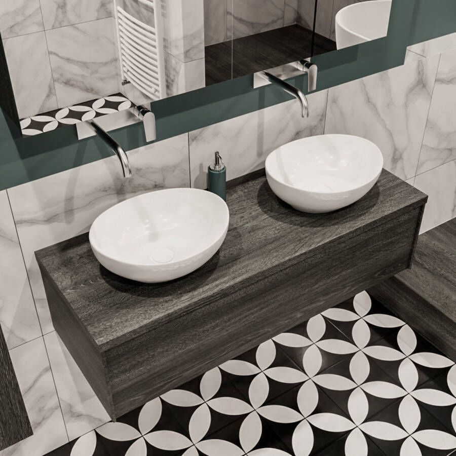 Mondiaz Lush Barco badmeubel eiken donker bruin 120 cm 1 lade mdf 2 waskommen beide zijden zonder kraangat