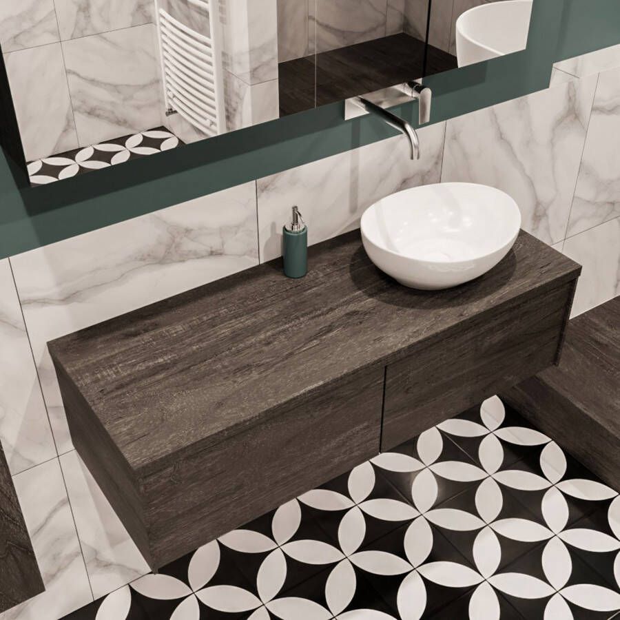 Zaro Lush onderkast met topblad 120cm in kleur DARK BROWN met 2 lades Push tot open geschikt voor rechtse wastafel. Met ovale keramische opzetkom met 0 kraangat(en) in het topblad - Foto 4