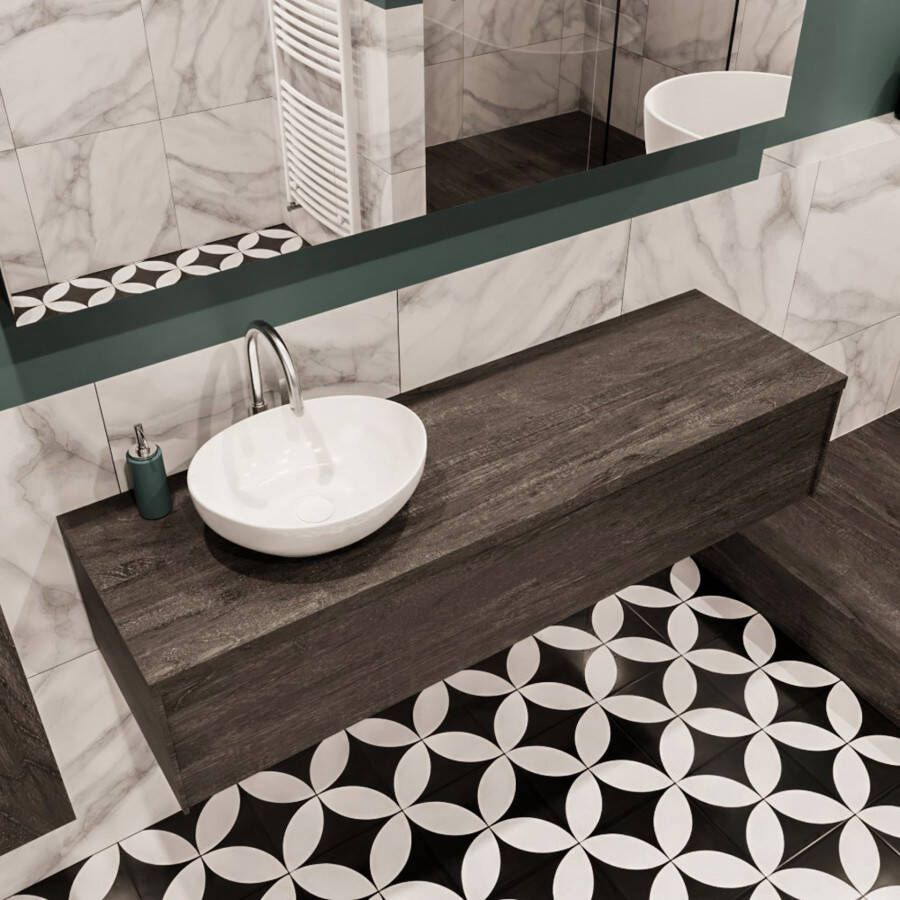 Zaro Lush onderkast met topblad 150cm in kleur DARK BROWN met 1 lades Push tot open geschikt voor linkse wastafel. Met ovale keramische opzetkom met 1 kraangat(en) in het topblad - Foto 4