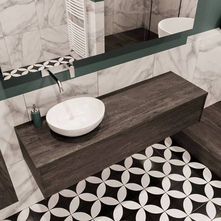 Zaro Lush onderkast met topblad 150cm in kleur DARK BROWN met 1 lades Push tot open geschikt voor linkse wastafel. Met ovale keramische opzetkom met 0 kraangat(en) in het topblad - Foto 4