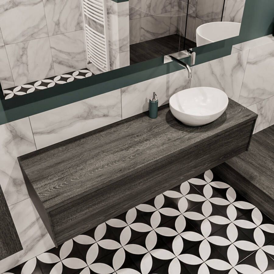 Zaro Lush onderkast met topblad 150cm in kleur ANTRACITE met 1 lades Push tot open geschikt voor rechtse wastafel. Met ovale keramische opzetkom met 0 kraangat(en) in het topblad - Foto 4