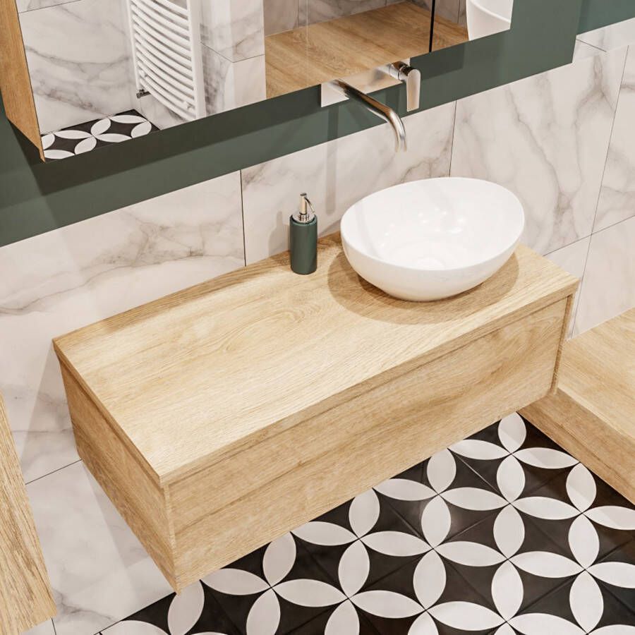 Zaro Lush onderkast met topblad 100cm in kleur WASHED OAK met 1 lades Push tot open geschikt voor rechtse wastafel. Met ovale keramische opzetkom met 0 kraangat(en) in het topblad - Foto 4