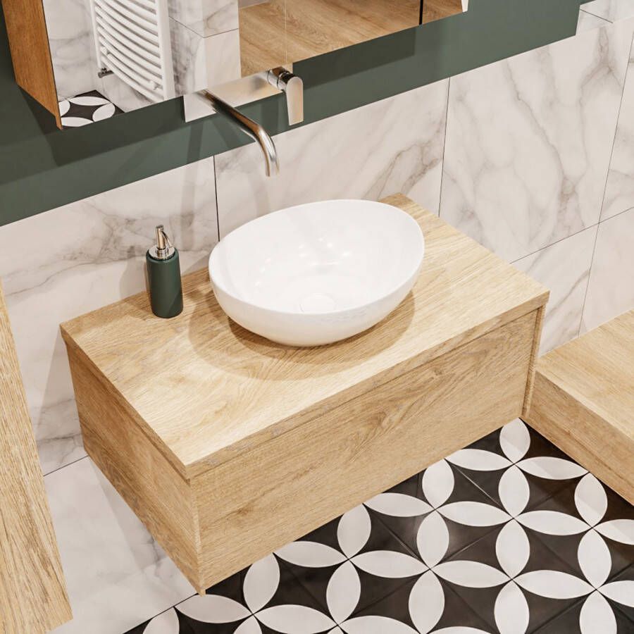 Zaro Lush onderkast met topblad 80cm in kleur WASHED OAK met 1 lades Push tot open geschikt voor gecentreerde wastafel. Met ovale keramische opzetkom met 0 kraangat(en) in het topblad - Foto 4