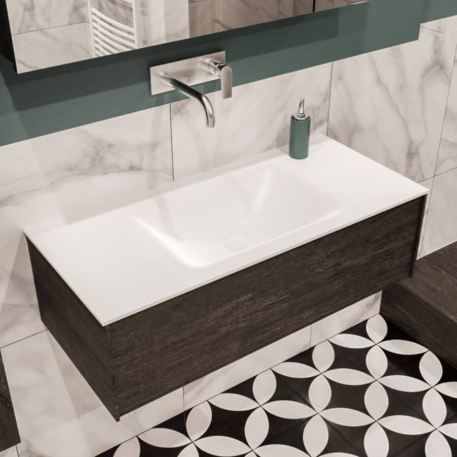 Zaro Lush onderkast 100cm in kleur DARK BROWN met 1 lade Push tot open geschikt voor gecentreerde wastafel. Compleet met solid surface wastafel cloud M35132met 0 kraangat(en) - Foto 4