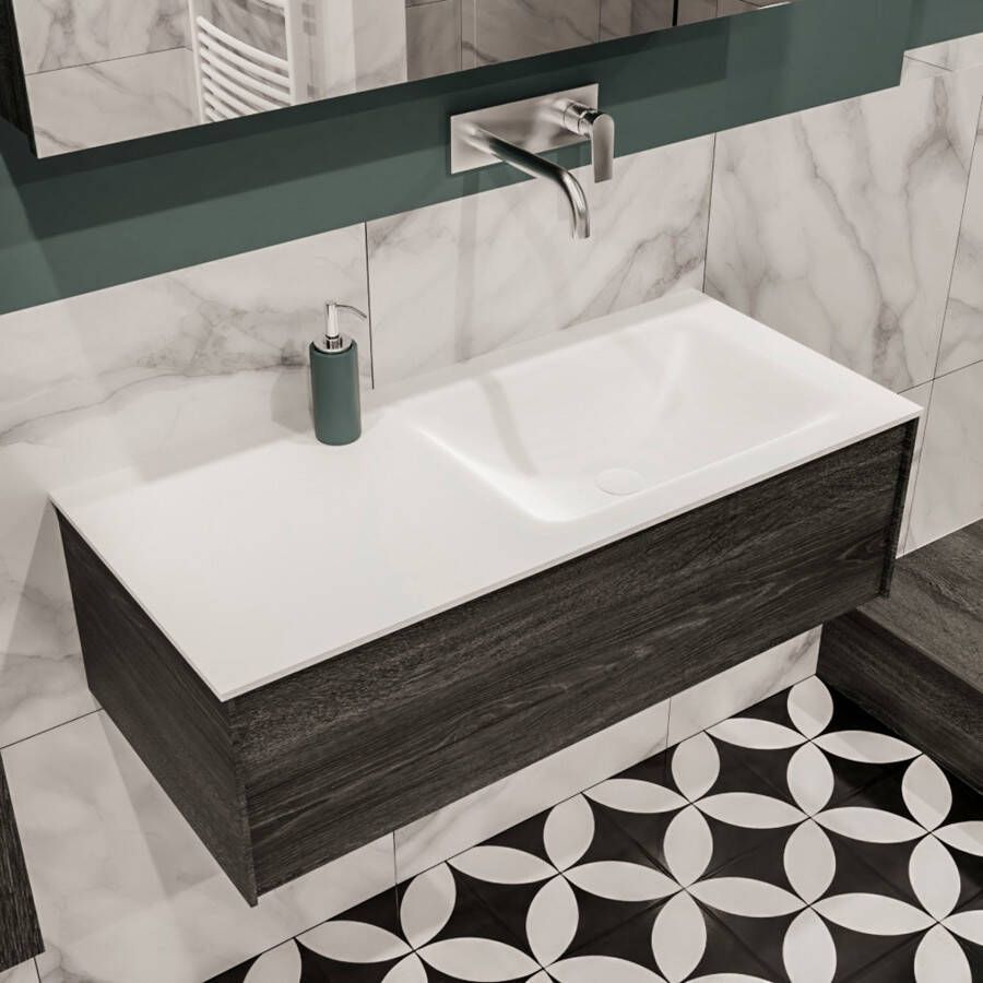 Zaro Lush onderkast 100cm in kleur ANTRACITE met 1 lade Push tot open geschikt voor rechtse wastafel. Compleet met solid surface wastafel cloud M35134met 0 kraangat(en) - Foto 4