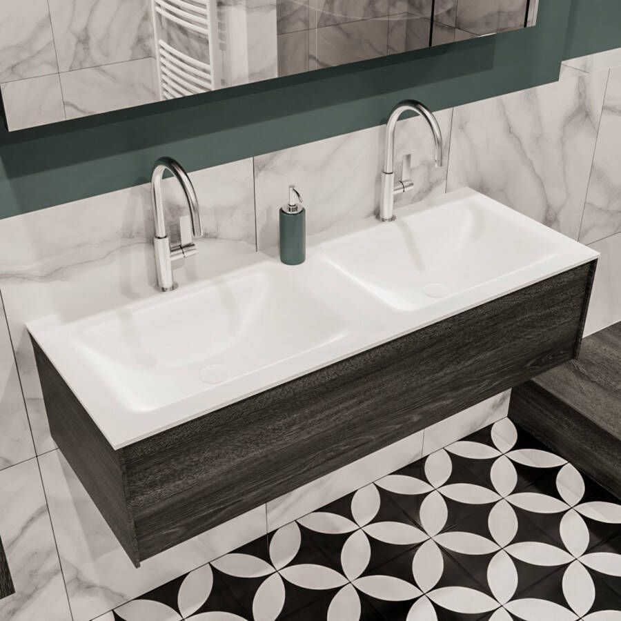 Mondiaz Lush Cloud badmeubel eiken donker bruin 120 cm 1 lade solid surface dubbele spoelbak 2 kraangaten