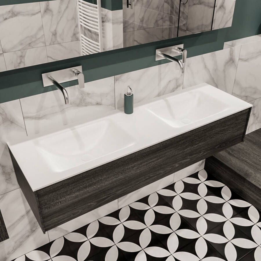 Mondiaz Lush Cloud badmeubel eiken donker bruin 150 cm 1 lade solid surface dubbele spoelbak zonder kraangat