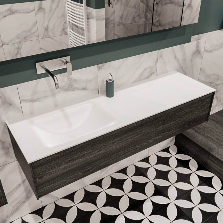 Mondiaz Lush Cloud badmeubel eiken donker bruin 150 cm 1 lade solid surface enkele spoelbak links zonder kraangat