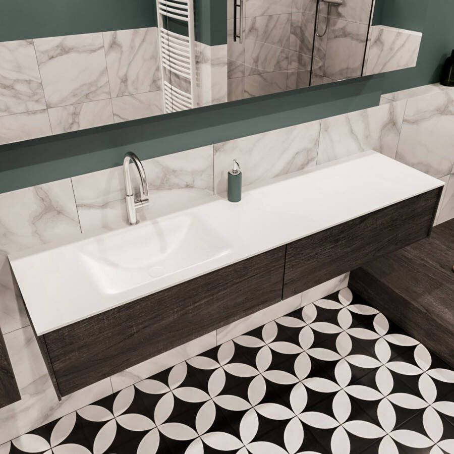 Mondiaz Lush Cloud badmeubel eiken donker bruin 180 cm 2 lades solid surface enkele spoelbak links 1 kraangat