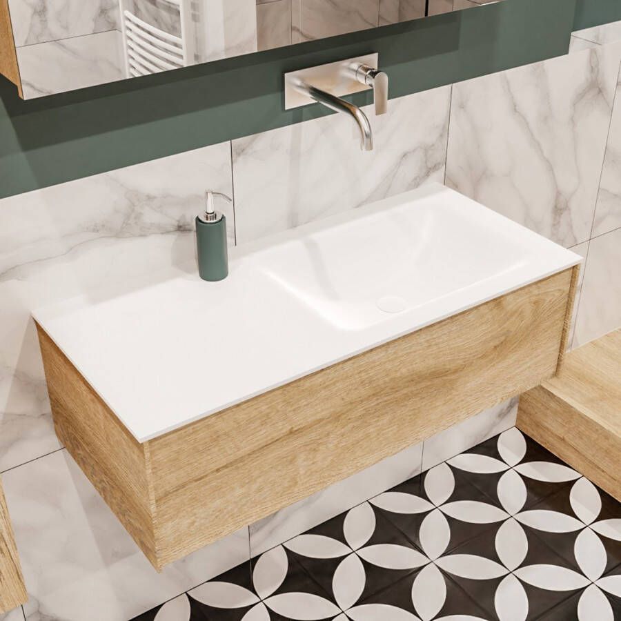 Zaro Lush onderkast 100cm in kleur WASHED OAK met 1 lade Push tot open geschikt voor rechtse wastafel. Compleet met solid surface wastafel cloud M35134met 0 kraangat(en) - Foto 4