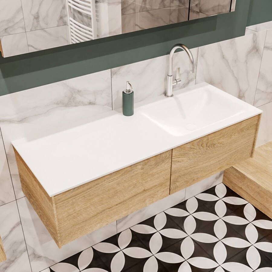 Mondiaz Lush Cloud badmeubel eiken licht 120 cm 2 lades solid surface enkele spoelbak rechts 1 kraangat