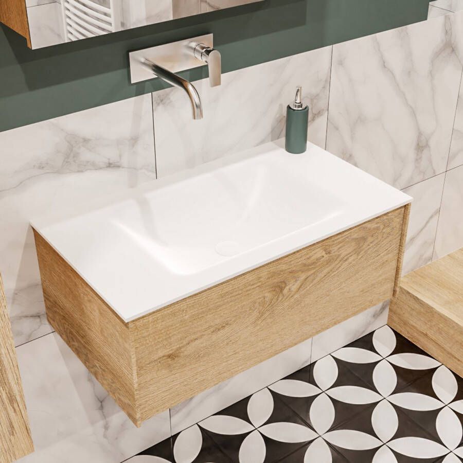 Zaro Lush onderkast 80cm in kleur WASHED OAK met 1 lade Push tot open geschikt voor gecentreerde wastafel. Compleet met solid surface wastafel cloud M35117met 0 kraangat(en) - Foto 4