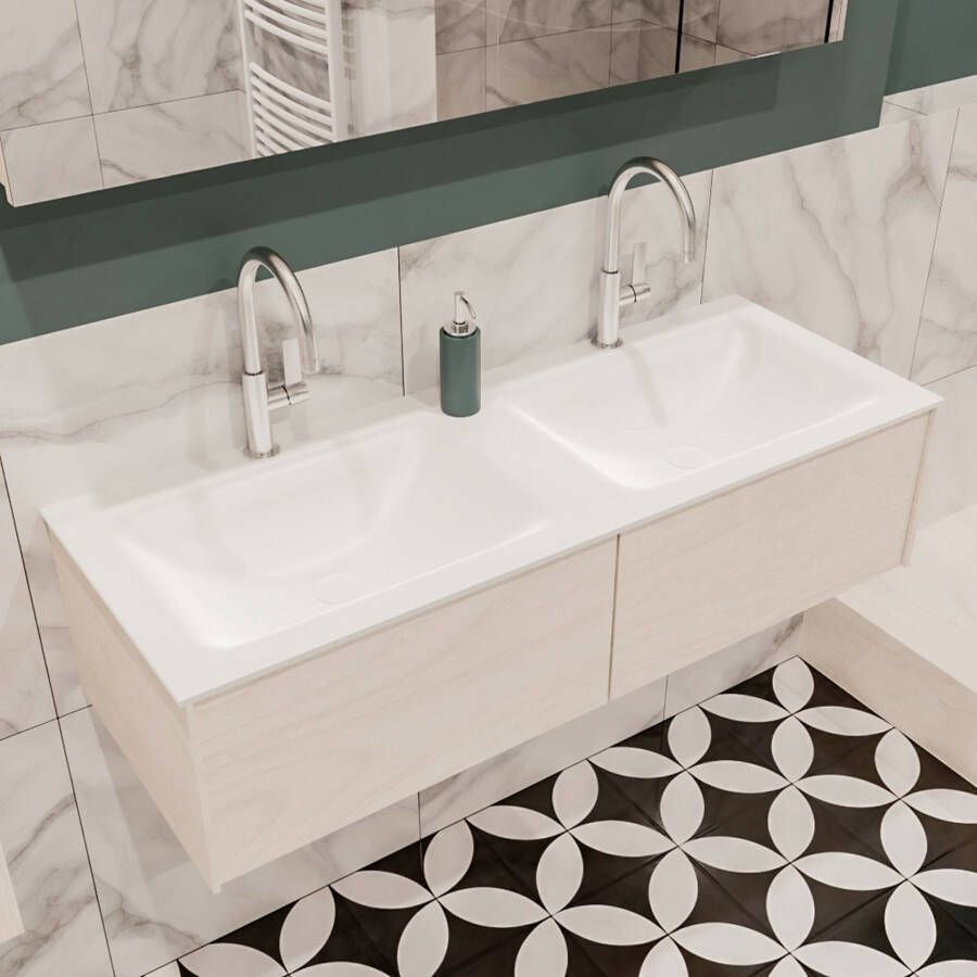 Zaro Lush onderkast 120cm in kleur UNDERLAYMENT met 2 lades Push tot open geschikt voor dubbele wastafel. Compleet met solid surface wastafel cloud M35165met 2 kraangat(en) - Foto 4