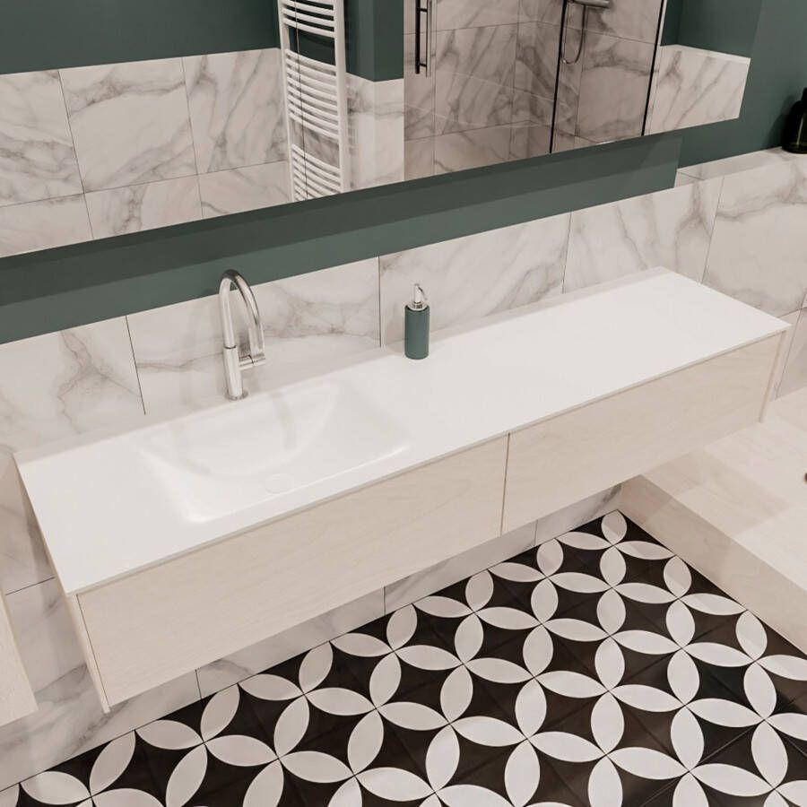 Mondiaz Lush Cloud badmeubel underlayment 180 cm 2 lades solid surface enkele spoelbak links 1 kraangat