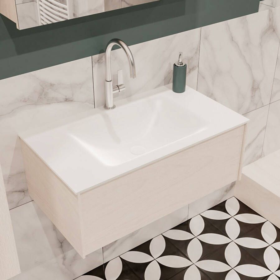 Zaro Lush onderkast 80cm in kleur UNDERLAYMENT met 1 lade Push tot open geschikt voor gecentreerde wastafel. Compleet met solid surface wastafel cloud M35117met 1 kraangat(en) - Foto 4