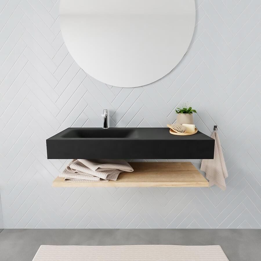 Mondiaz Alan badmeubel 100 cm planchet washed oak vrijhangend wastafel links 1 kraangat zwart - Foto 3