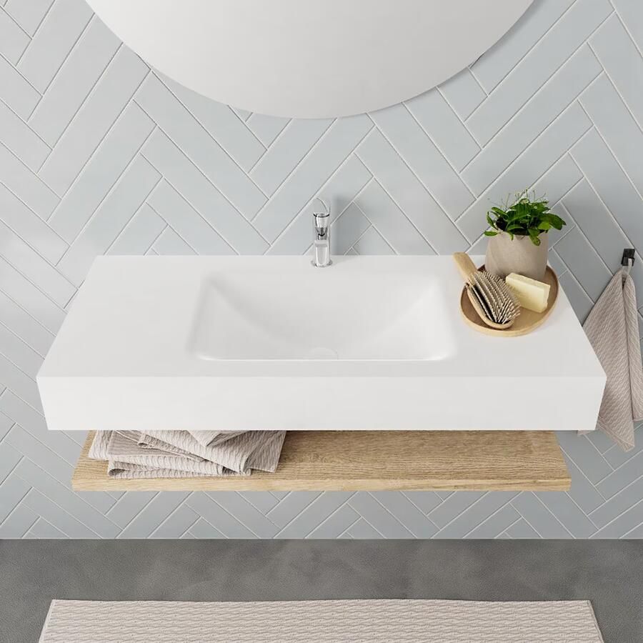 Mondiaz Alan badmeubel 100 cm planchet washed oak vrijhangend wastafel midden 1 kraangat wit