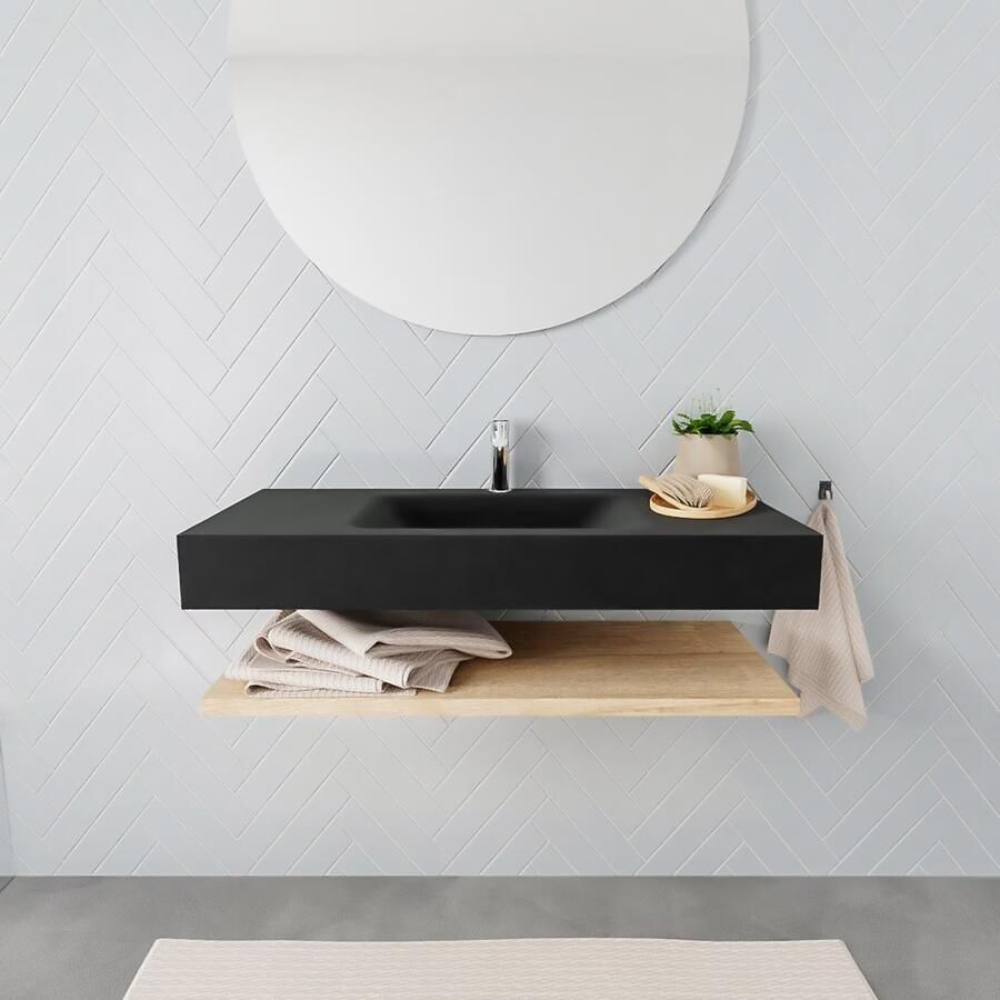 Mondiaz Alan badmeubel 100 cm planchet washed oak vrijhangend wastafel midden 1 kraangat zwart