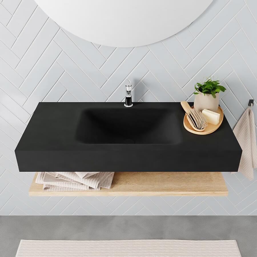 Mondiaz Alan badmeubel 100 cm planchet washed oak vrijhangend wastafel midden 1 kraangat zwart - Foto 2