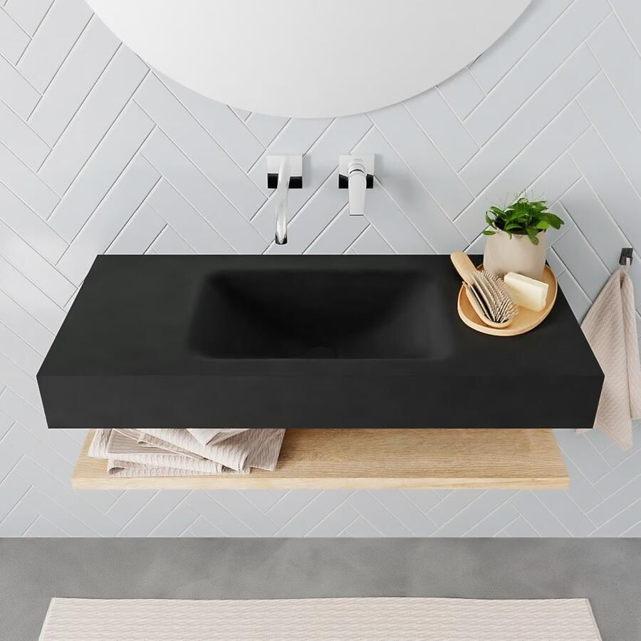 Mondiaz Alan badmeubel 100 cm planchet washed oak vrijhangend wastafel midden zonder kraangat zwart - Foto 2