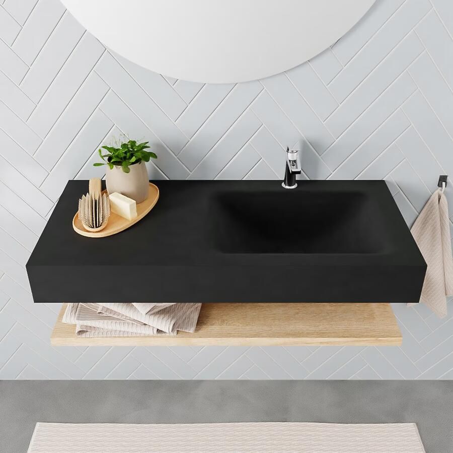 Mondiaz Alan badmeubel 100 cm planchet washed oak vrijhangend wastafel rechts 1 kraangat zwart