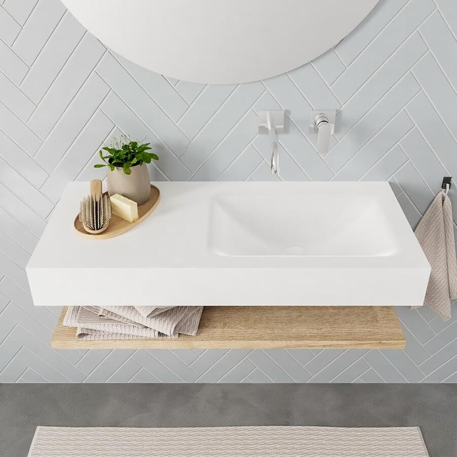 Mondiaz Alan badmeubel 100 cm planchet washed oak vrijhangend wastafel rechts zonder kraangat wit