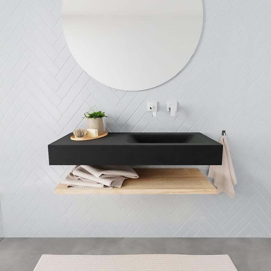 Mondiaz Alan badmeubel 100 cm planchet washed oak vrijhangend wastafel rechts zonder kraangat zwart