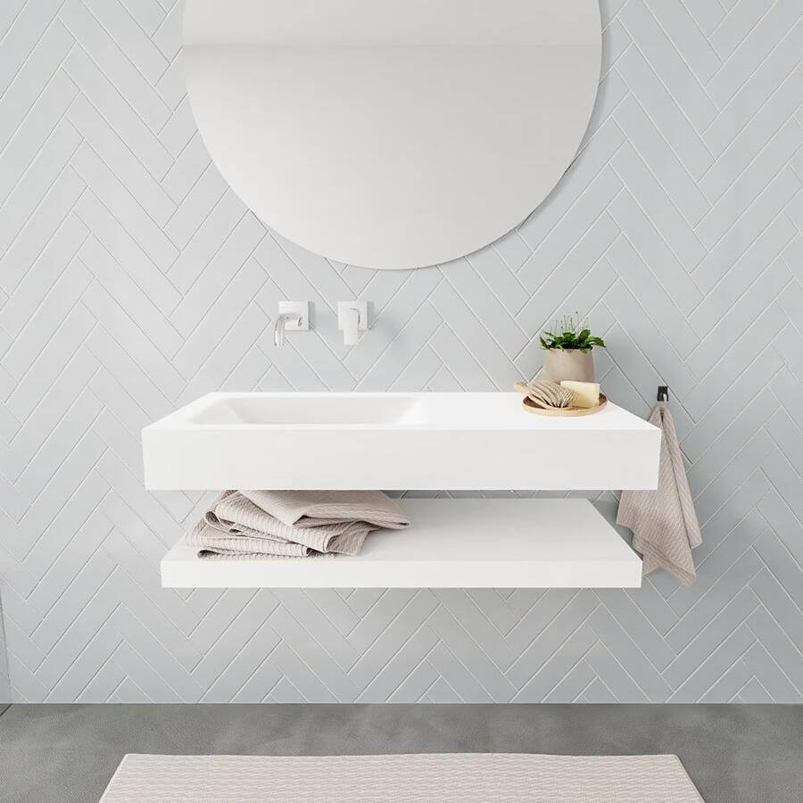 Mondiaz Alan badmeubel 100 cm solid suface planchet talc vrijhangend wastafel links zonder kraangat wit