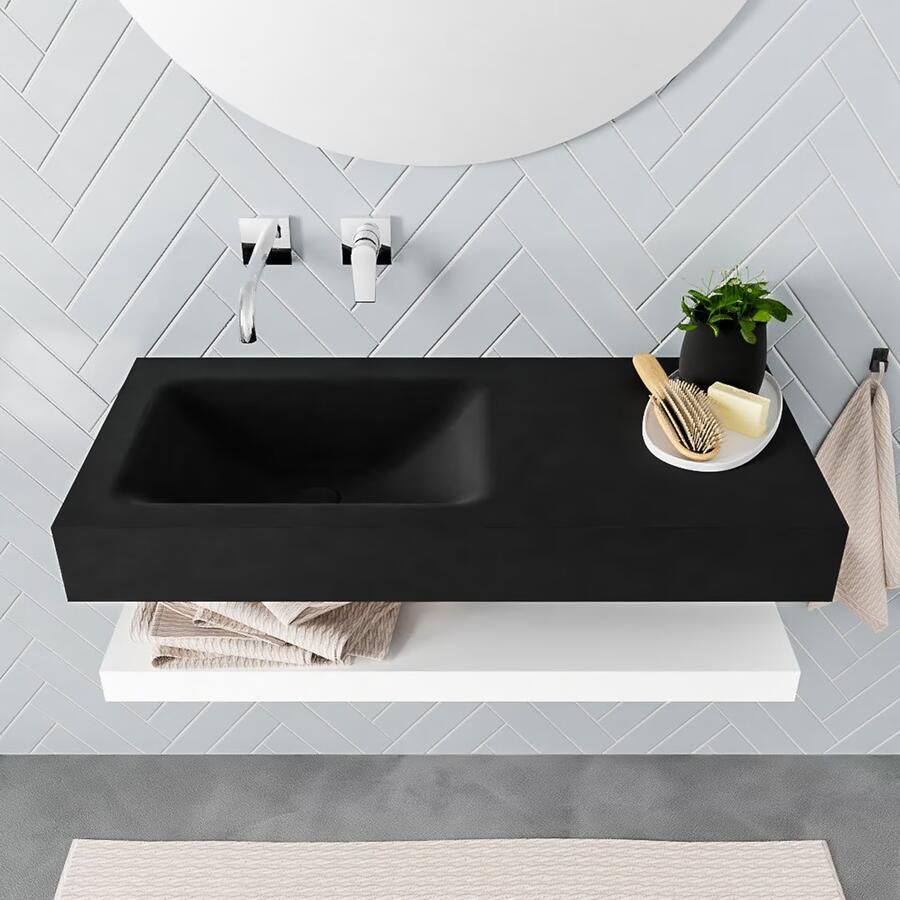 Mondiaz Alan badmeubel 100 cm solid suface planchet talc vrijhangend wastafel links zonder kraangat zwart