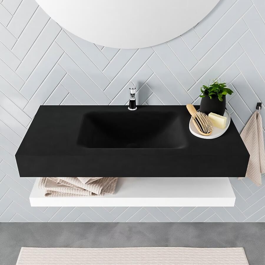 Mondiaz Alan badmeubel 100 cm solid suface planchet talc vrijhangend wastafel midden 1 kraangat zwart